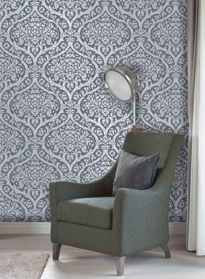 Fine Decor Sandringham Blue Damask Wallpaper, 20.5-in by 33-ft