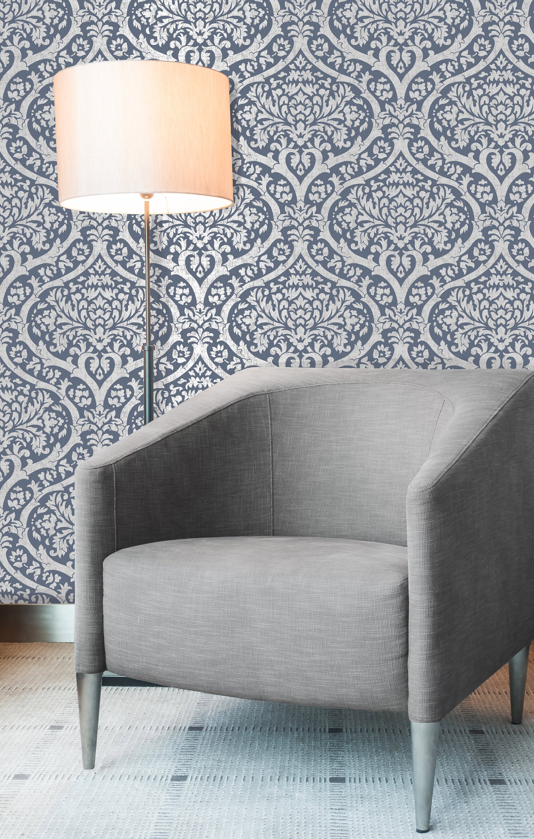 Fine Decor Sandringham Blue Damask Wallpaper, 20.5-in by 33-ft