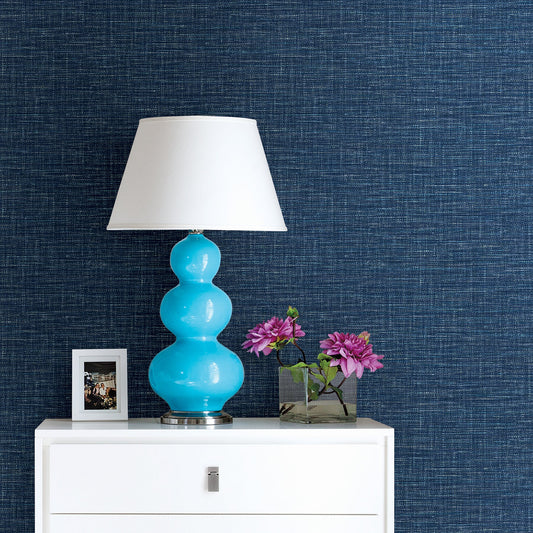 A-Street Prints Exhale Dark Blue Faux Grasscloth Wallpaper, 20.5-in by 33-ft