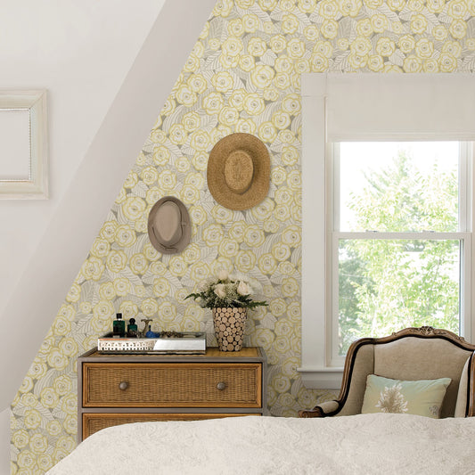 A-Street Prints Emery Light Yellow Floral Wallpaper, 20.5-in by 33-ft