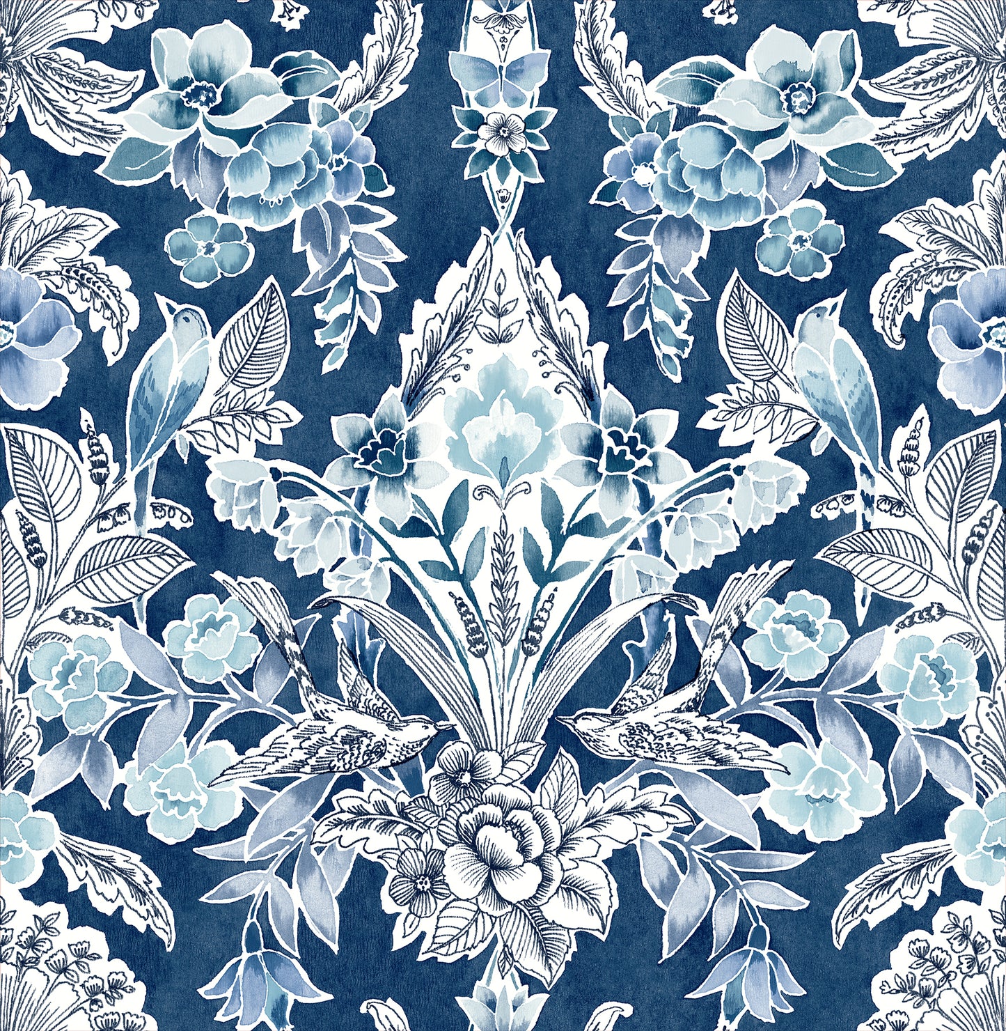 A-Street Prints Vera Blue Floral Damask Wallpaper, 20.5-in by 33-ft