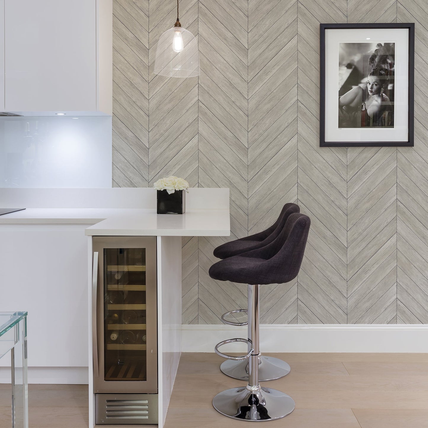 Brewster Parisian Dove Chevron Wood Wallpaper, 20.5-in by 33-ft