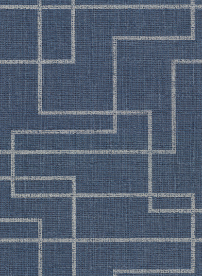 Warner Clarendon Indigo Geometric Faux Grasscloth Wallpaper, 27-in by 27-ft