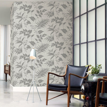 Warner Chandler Light Grey Botanical Faux Grasscloth Wallpaper, 27-in by 27-ft