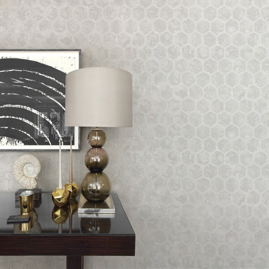 Brewster Starling Silver Honeycomb Wallpaper, 27.5-in by 33-ft