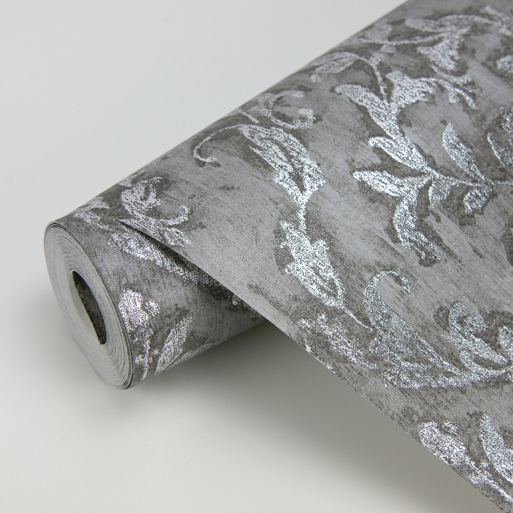 Brewster Lyra Pewter Damask Wallpaper, 21-in by 33-ft