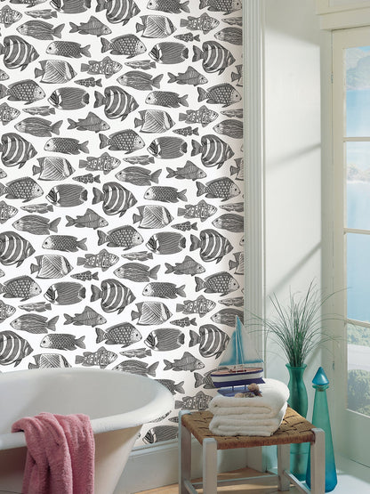 A-Street Prints Wailea Black Tropical School Wallpaper, 27-in by 27-ft