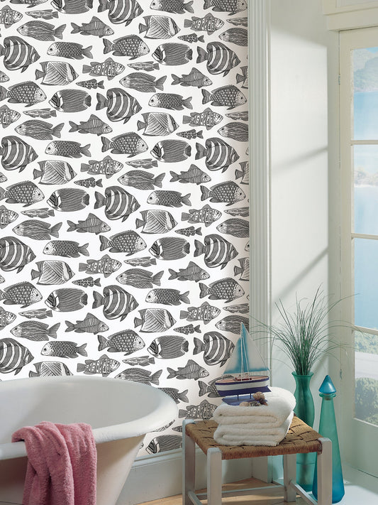 A-Street Prints Wailea Black Tropical School Wallpaper, 27-in by 27-ft