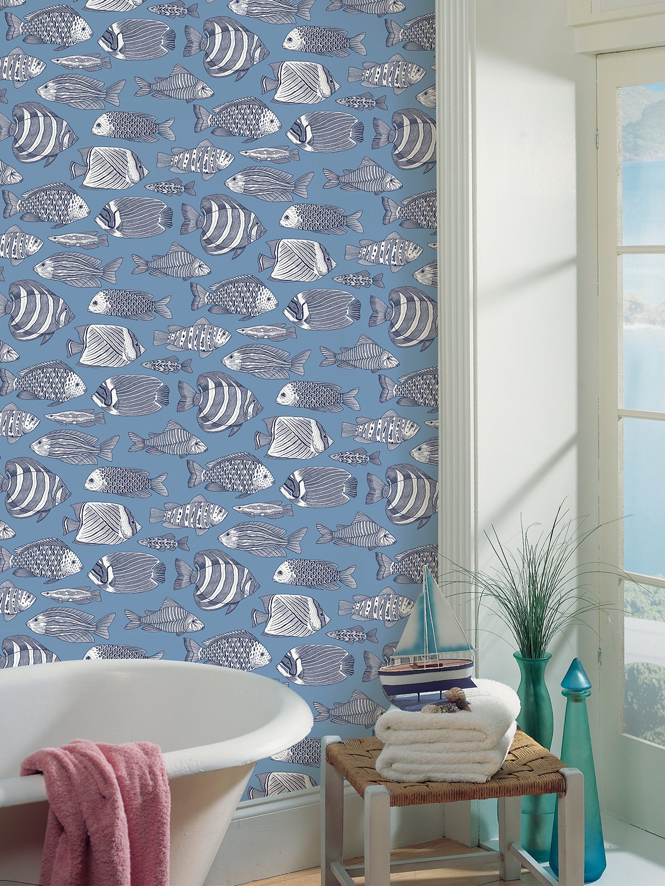 A-Street Prints Wailea Sky Blue Tropical School Wallpaper, 27-in by 27-ft