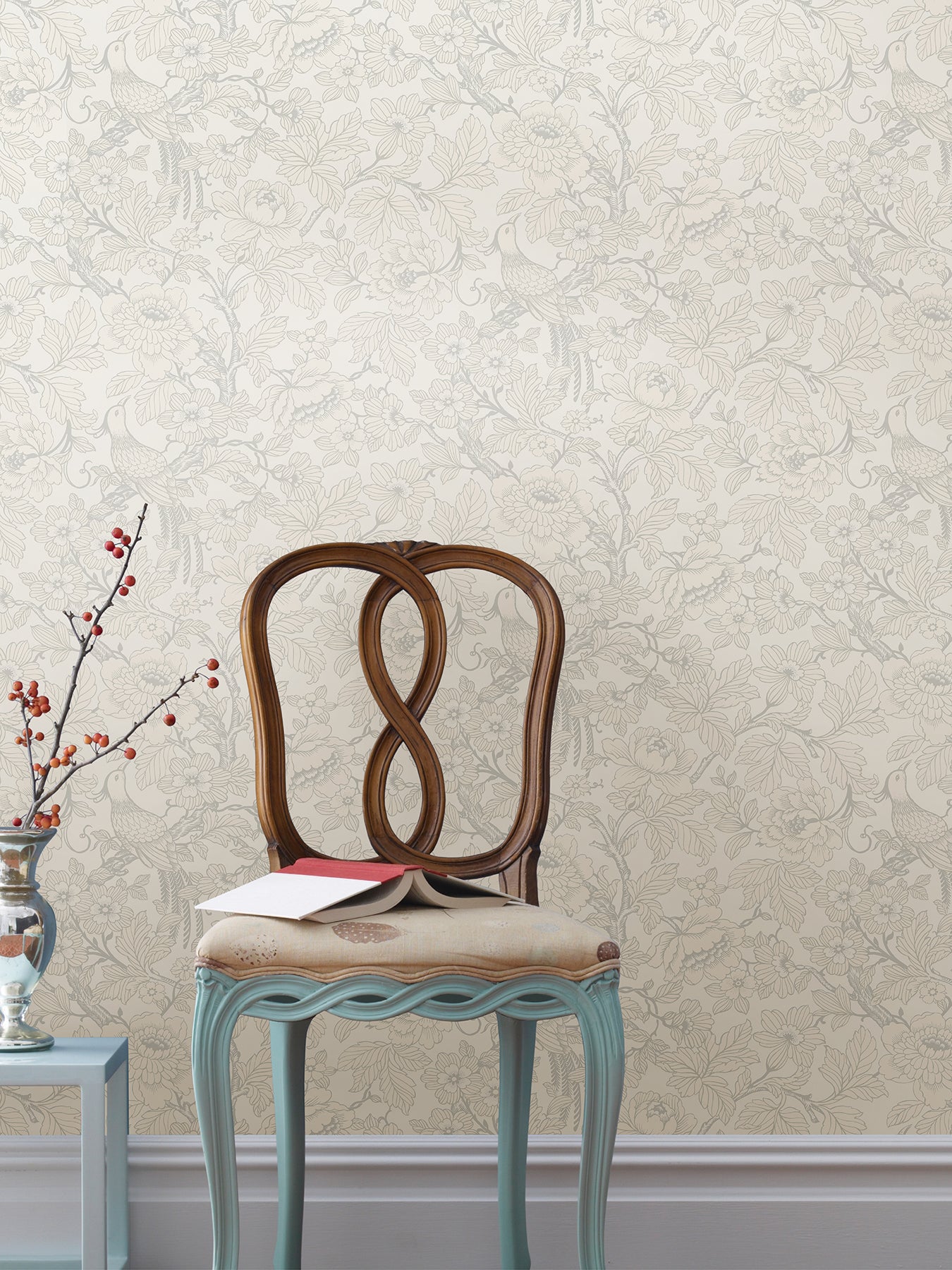 A-Street Prints Beaufort Dove Peony Chinoiserie Wallpaper, 27-in by 27-ft