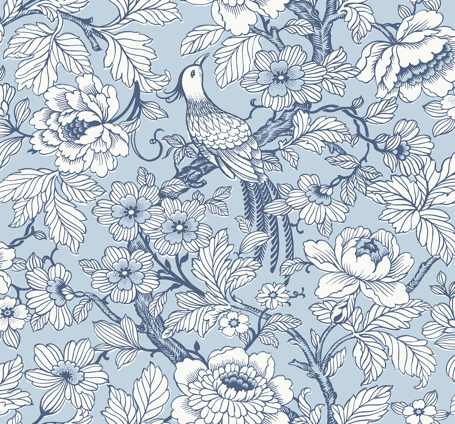 A-Street Prints Beaufort Light Blue Peony Chinoiserie Wallpaper, 27-in by 27-ft