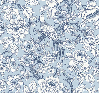 A-Street Prints Beaufort Light Blue Peony Chinoiserie Wallpaper, 27-in by 27-ft