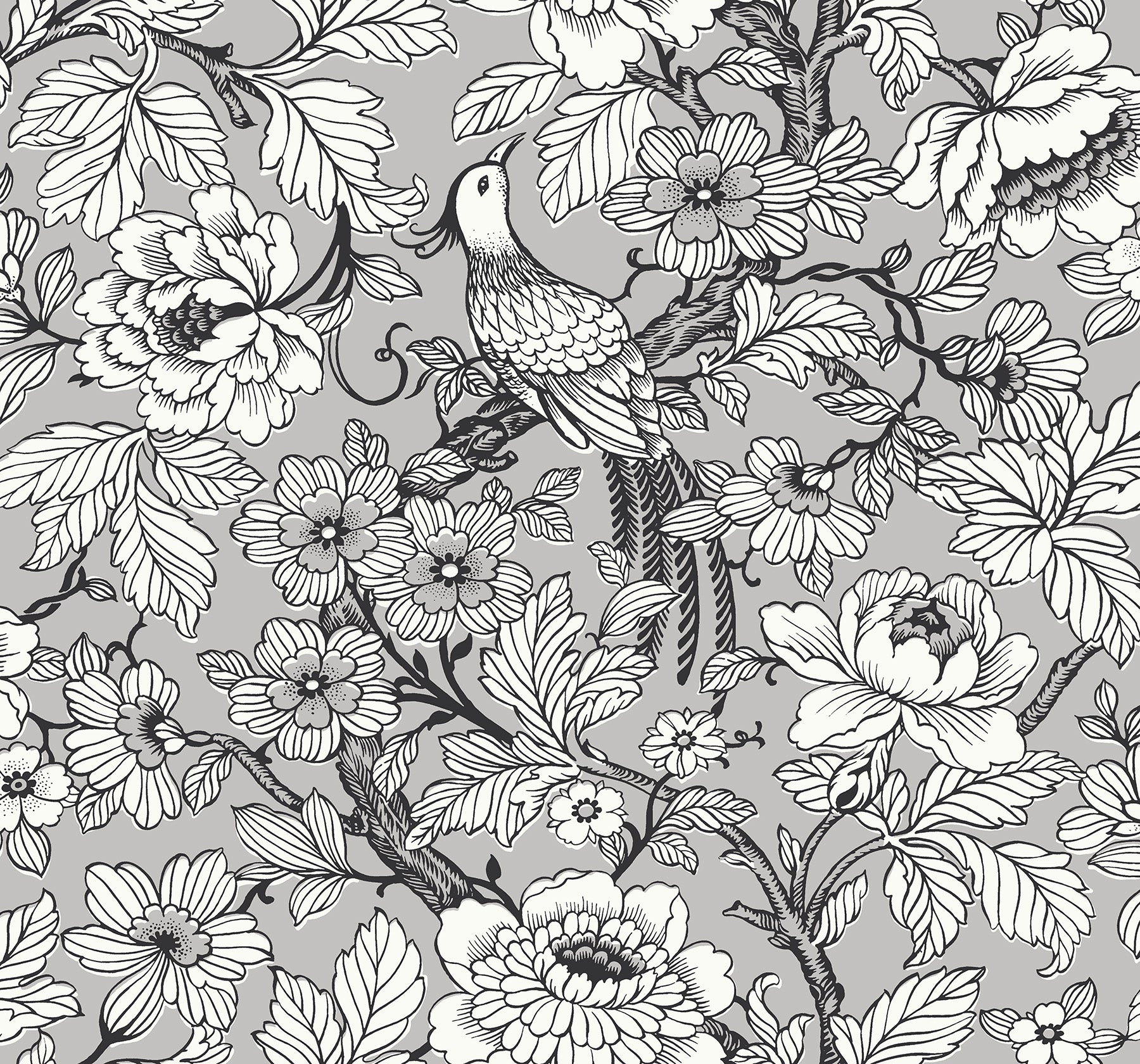 A-Street Prints Beaufort Silver Peony Chinoiserie Wallpaper, 27-in by 27-ft