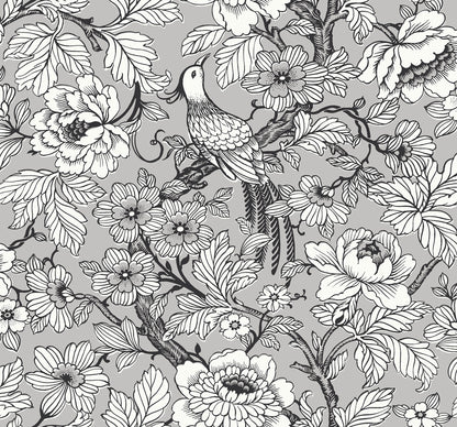 A-Street Prints Beaufort Silver Peony Chinoiserie Wallpaper, 27-in by 27-ft