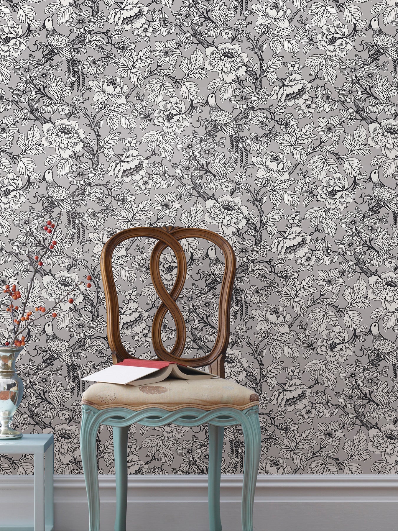 A-Street Prints Beaufort Silver Peony Chinoiserie Wallpaper, 27-in by 27-ft