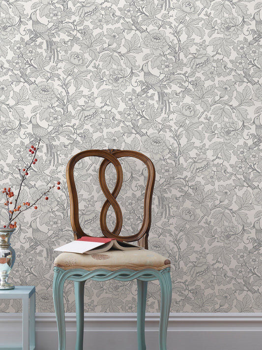 A-Street Prints Beaufort Light Grey Peony Chinoiserie Wallpaper, 27-in by 27-ft