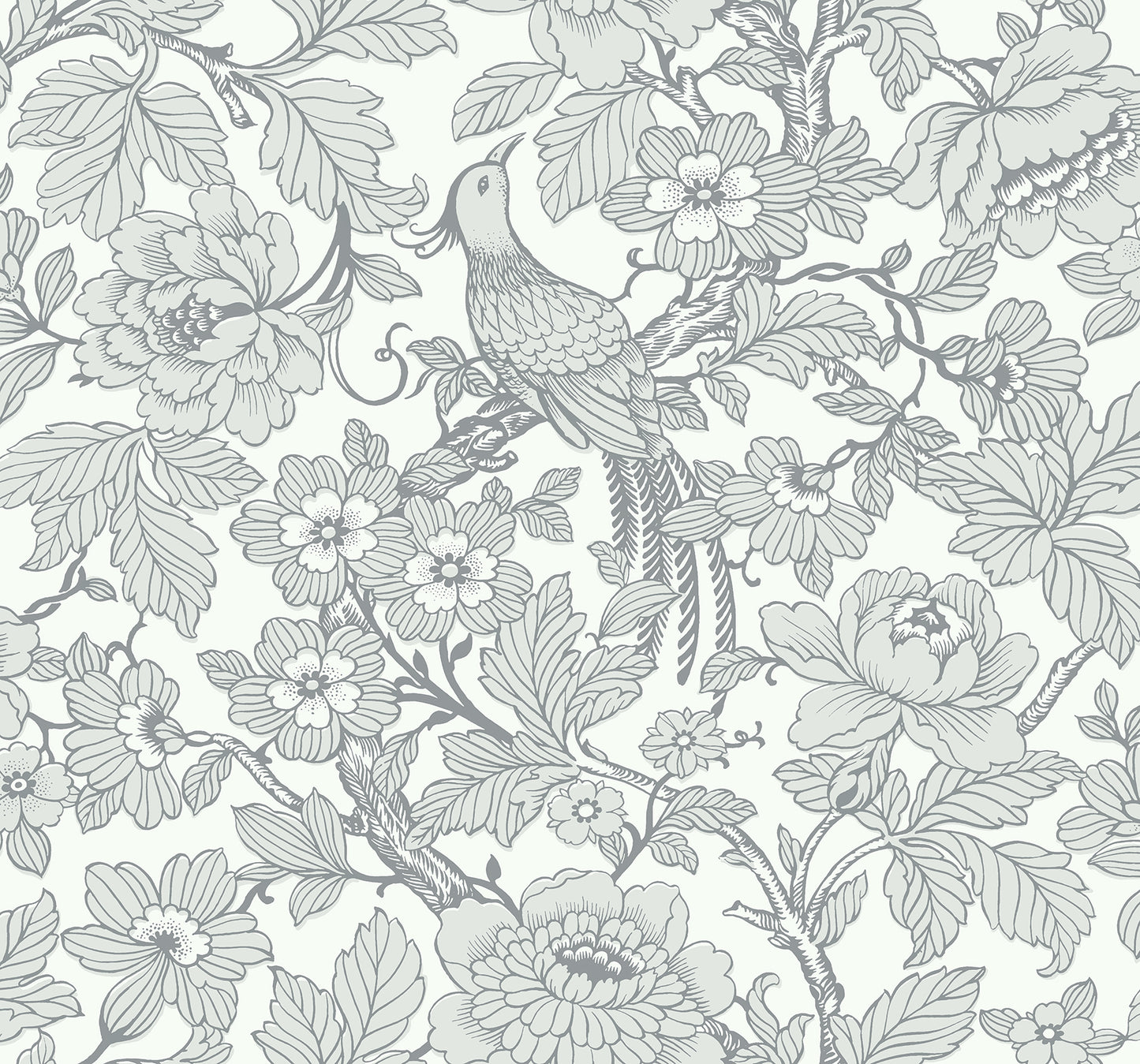 A-Street Prints Beaufort Light Grey Peony Chinoiserie Wallpaper, 27-in by 27-ft