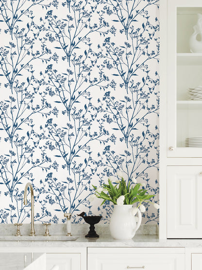 A-Street Prints Southport Indigo Delicate Branches Wallpaper, 27-in by 27-ft