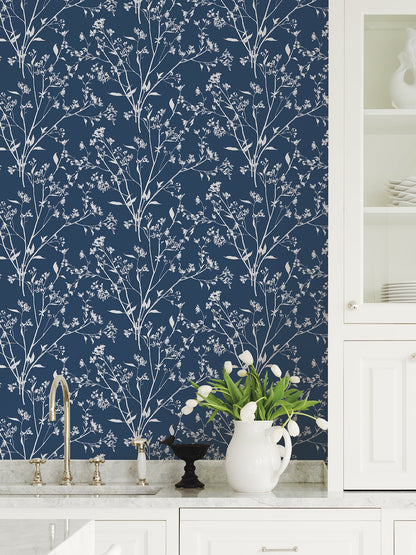 A-Street Prints Southport Navy Delicate Branches Wallpaper, 27-in by 27-ft