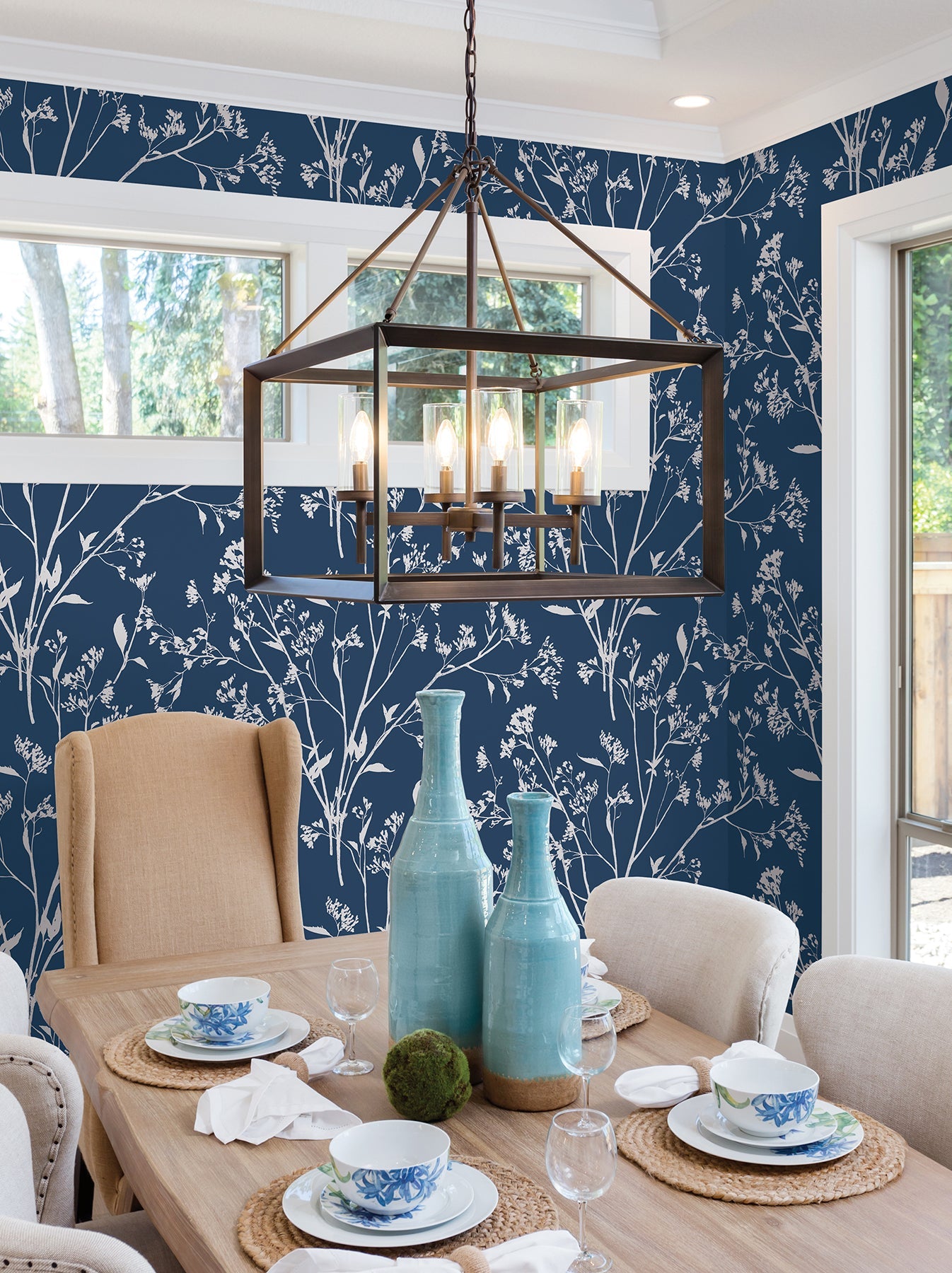 A-Street Prints Southport Navy Delicate Branches Wallpaper, 27-in by 27-ft