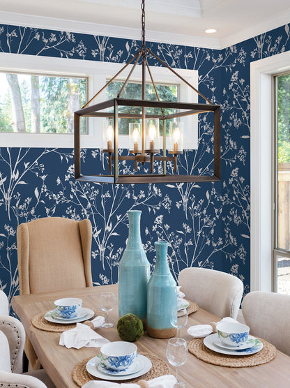 A-Street Prints Southport Navy Delicate Branches Wallpaper, 27-in by 27-ft