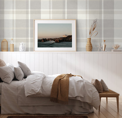 A-Street Prints Madaket Light Grey Plaid Wallpaper, 27-in by 27-ft