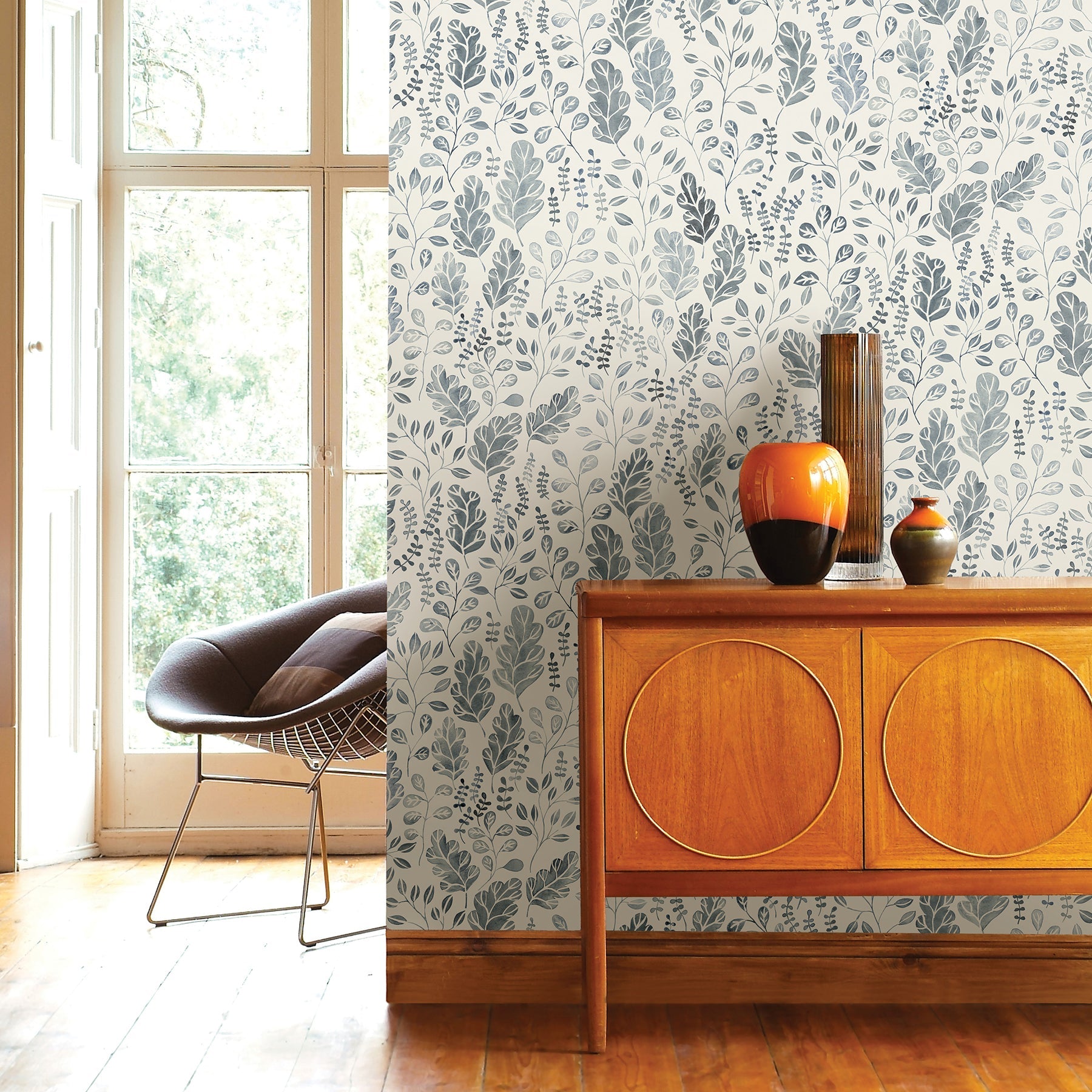 A-Street Prints Isha Blue Leaf Wallpaper, 20.5-in by 33-ft