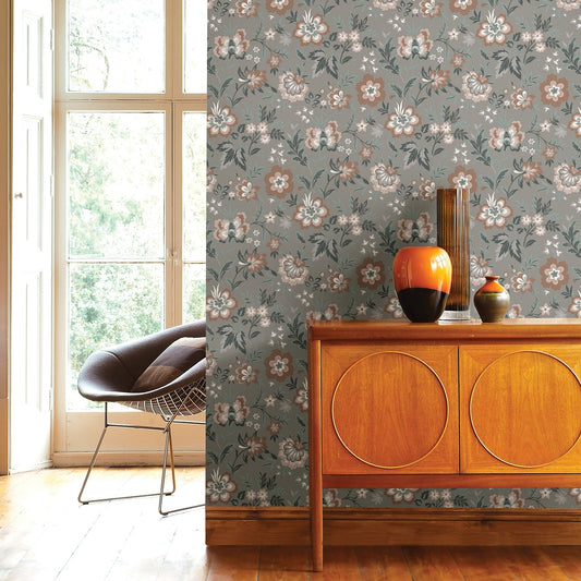 A-Street Prints Athena Grey Floral Wallpaper, 20.5-in by 33-ft