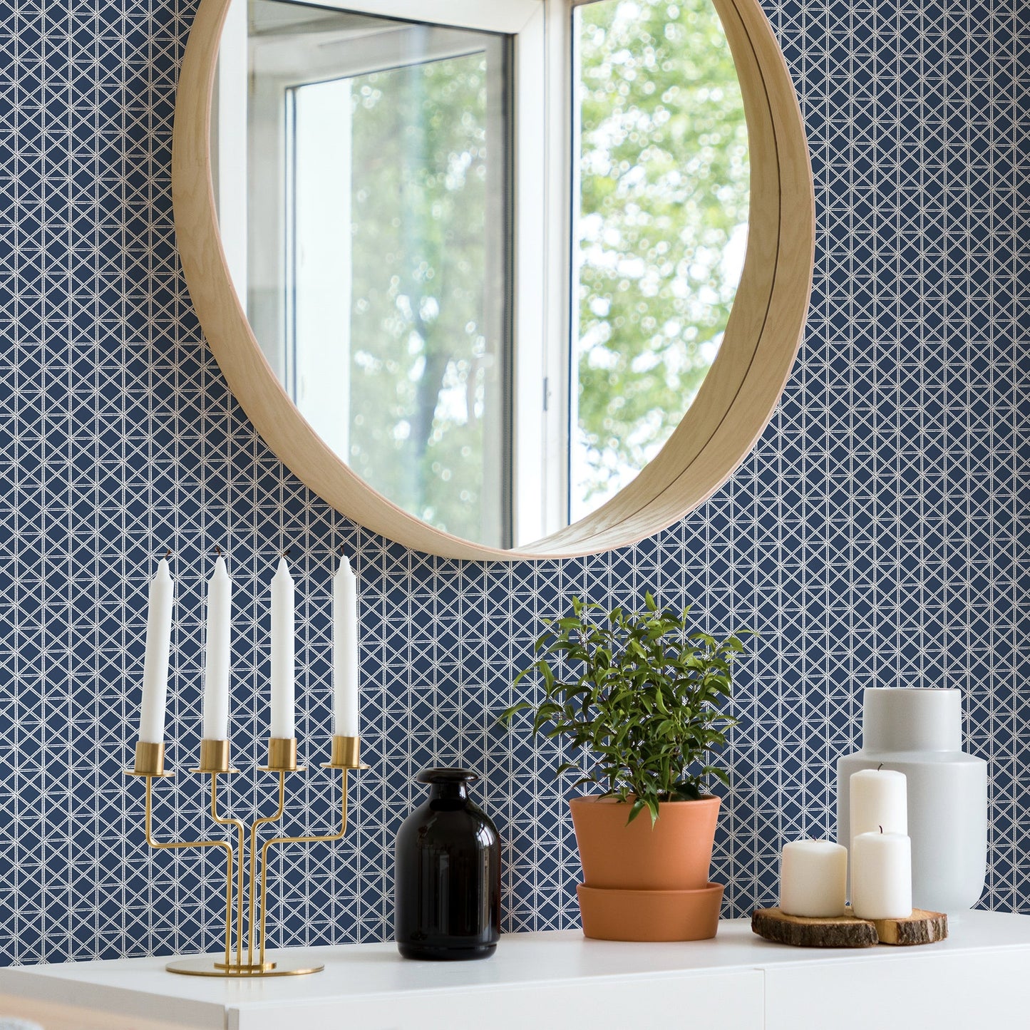 A-Street Prints Lisbeth Navy Geometric Lattice Wallpaper, 20.5-in by 33-ft