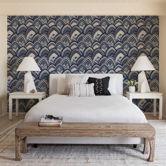 A-Street Prints Cabarita Indigo Art Deco Flocked Leaves Wallpaper, 20.5-in by 33-ft