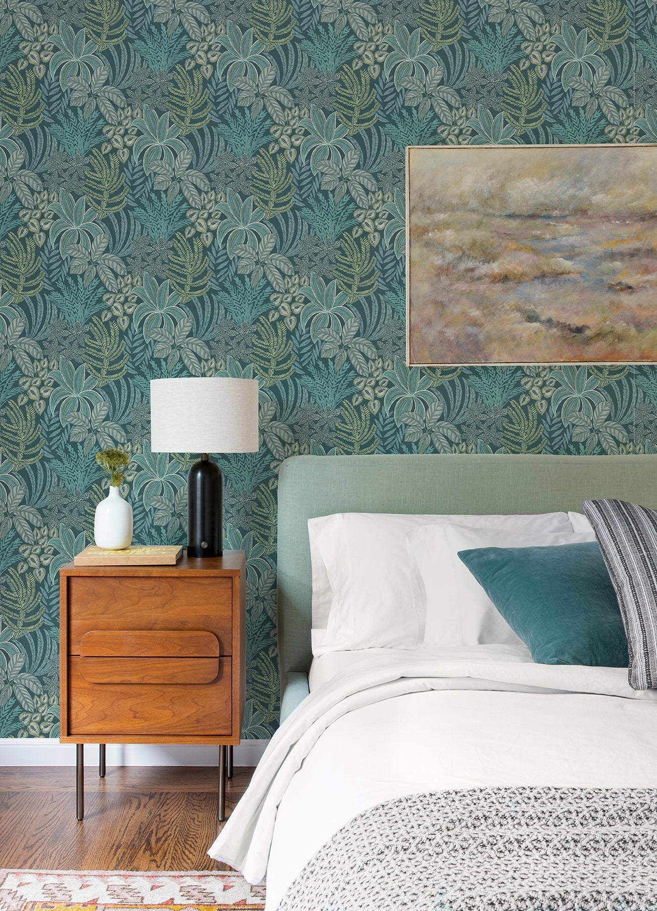 A-Street Prints Sumner Teal Woodland Botanical Wallpaper, 27-in by 27-ft