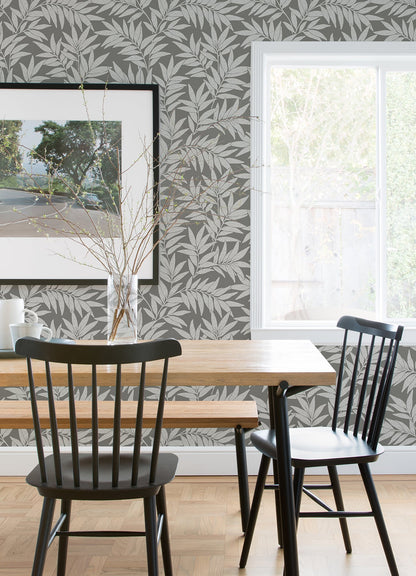 A-Street Prints Morris Dark Grey Leaf Wallpaper, 20.5-in by 33-ft