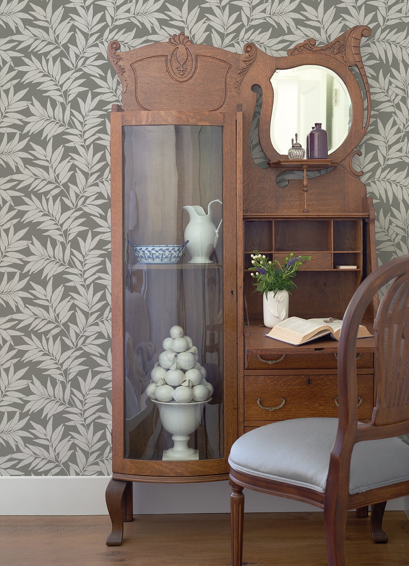 A-Street Prints Morris Dark Grey Leaf Wallpaper, 20.5-in by 33-ft