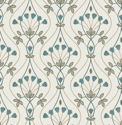 A-Street Prints Dard Teal Tulip Ogee Wallpaper, 20.5-in by 33-ft