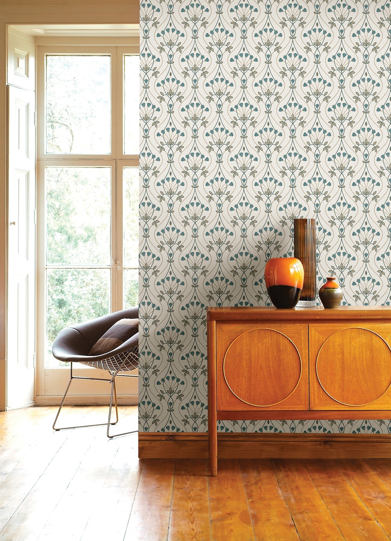 A-Street Prints Dard Teal Tulip Ogee Wallpaper, 20.5-in by 33-ft