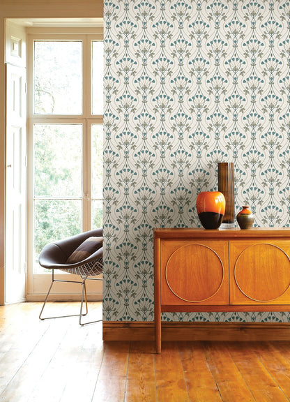 A-Street Prints Dard Teal Tulip Ogee Wallpaper, 20.5-in by 33-ft