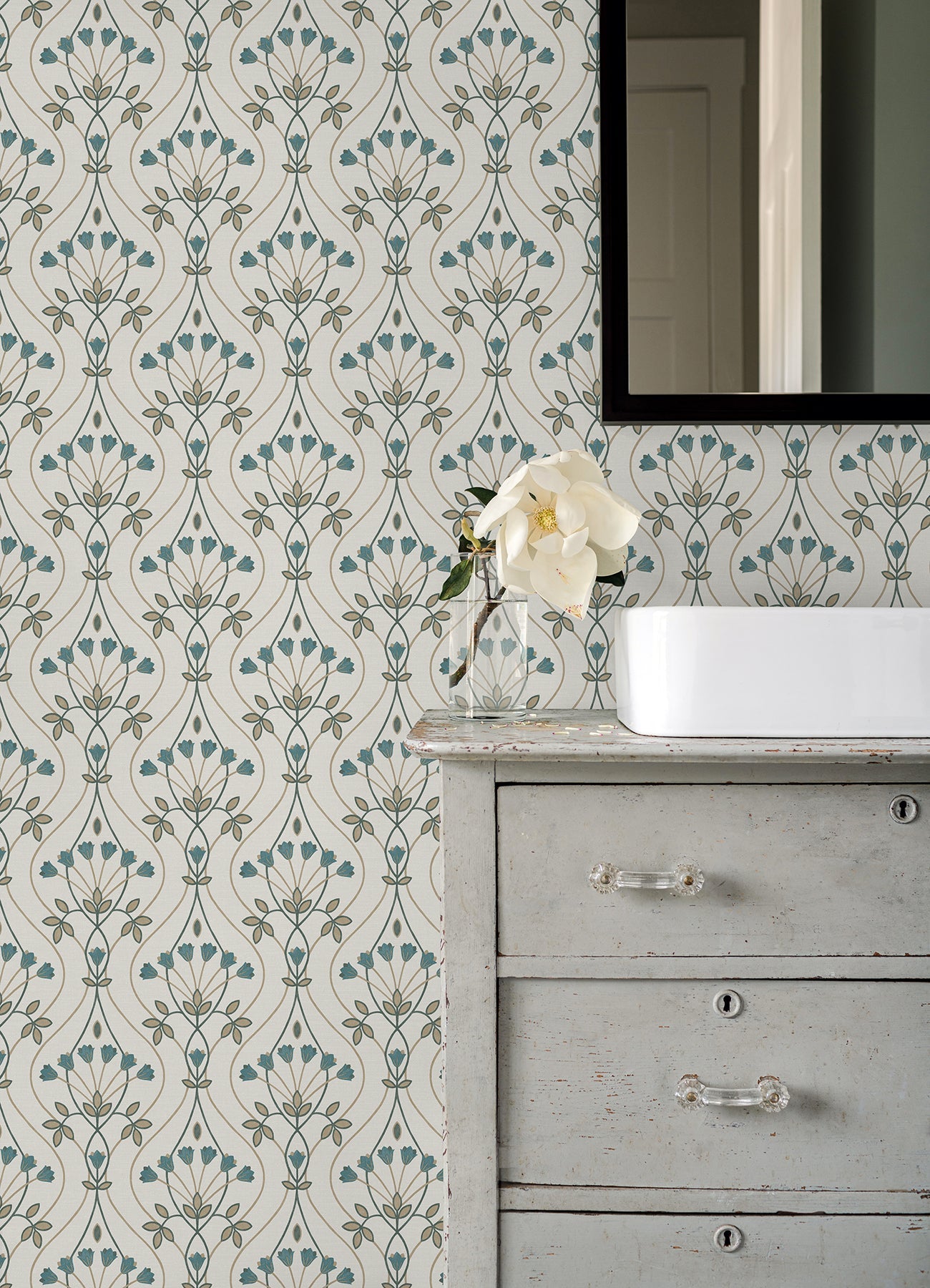 A-Street Prints Dard Teal Tulip Ogee Wallpaper, 20.5-in by 33-ft