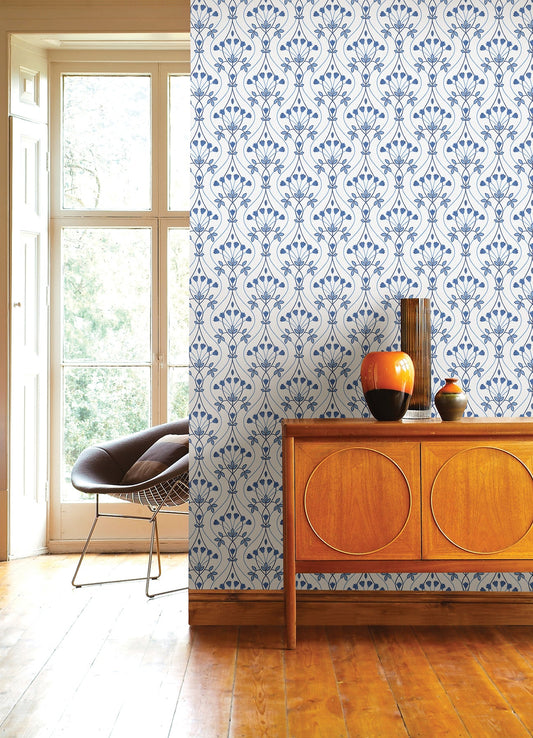 A-Street Prints Dard Blue Tulip Ogee Wallpaper, 20.5-in by 33-ft