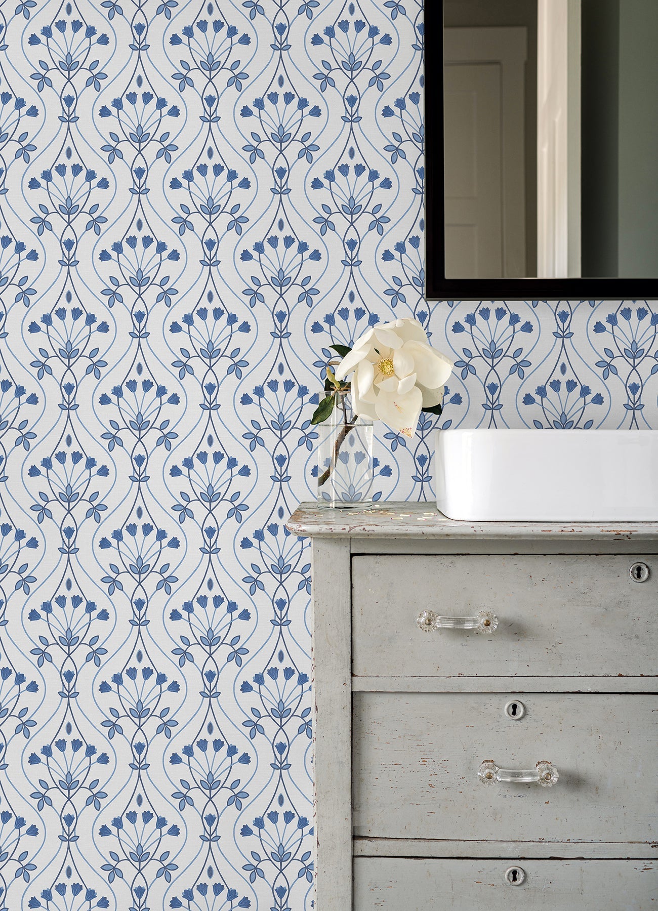 A-Street Prints Dard Blue Tulip Ogee Wallpaper, 20.5-in by 33-ft