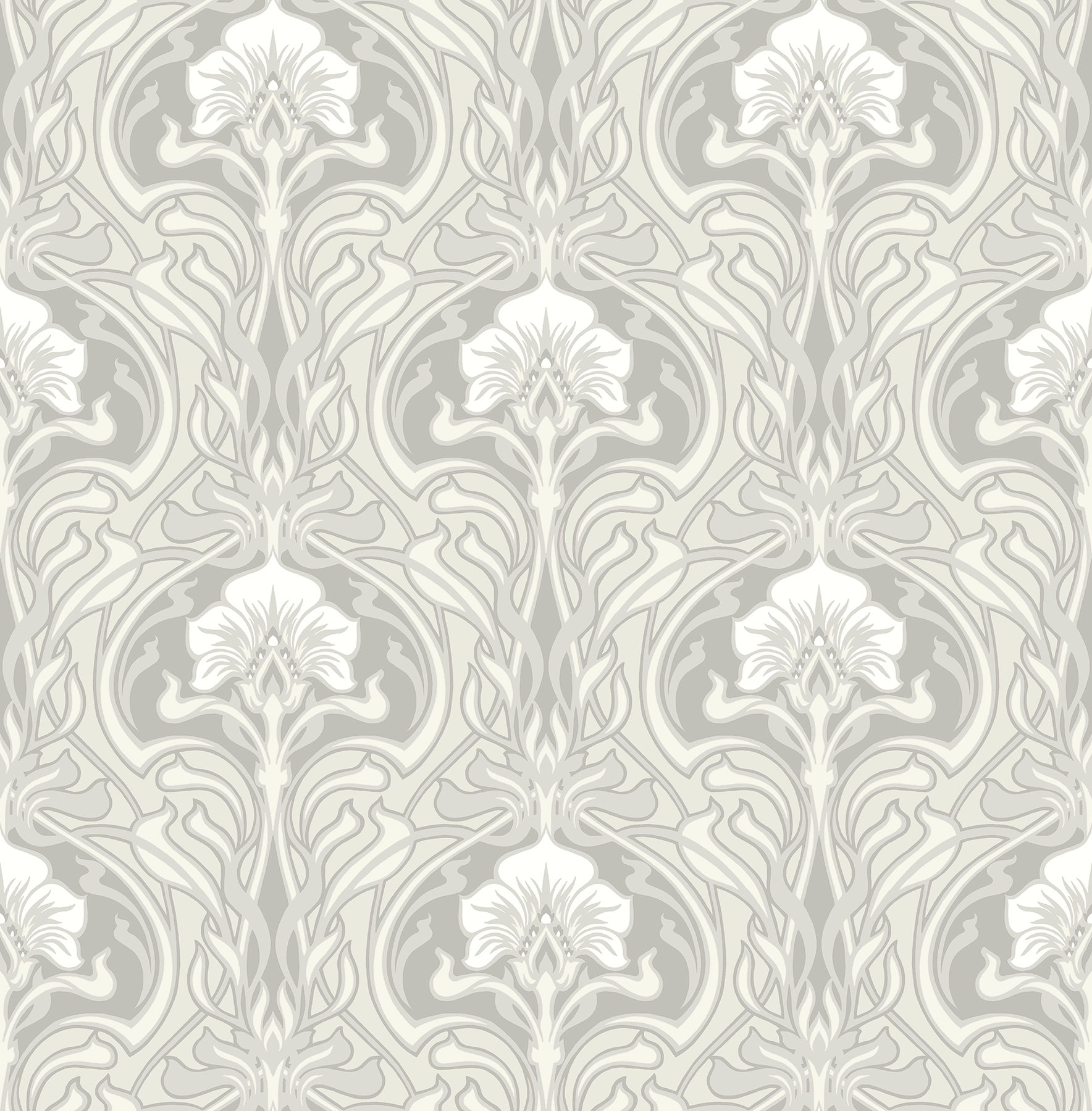 A-Street Prints Mucha Off White Botanical Ogee Wallpaper, 20.5-in by 33-ft