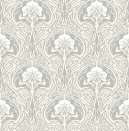 A-Street Prints Mucha Off White Botanical Ogee Wallpaper, 20.5-in by 33-ft