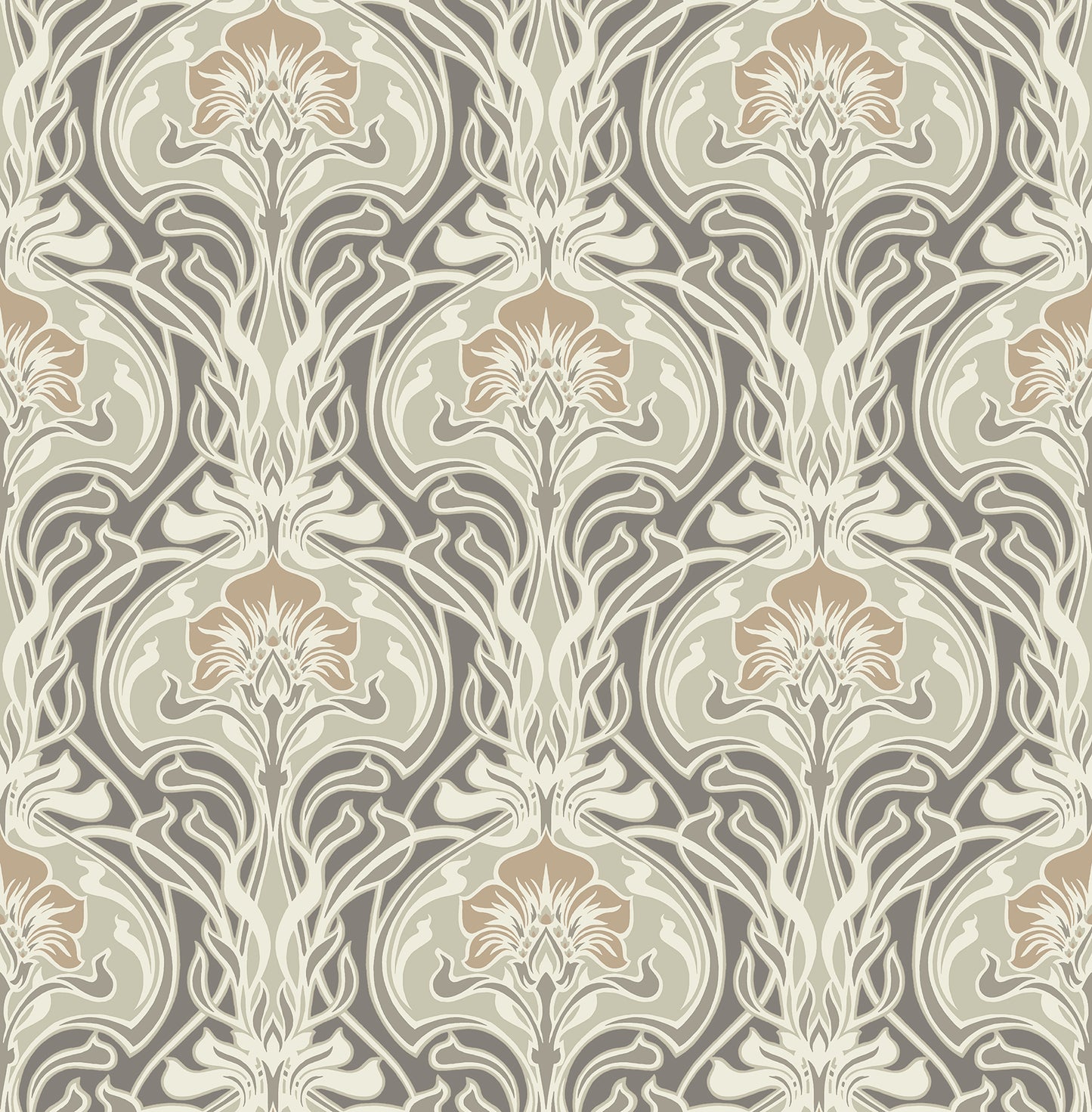 A-Street Prints Mucha Dark Grey Botanical Ogee Wallpaper, 20.5-in by 33-ft