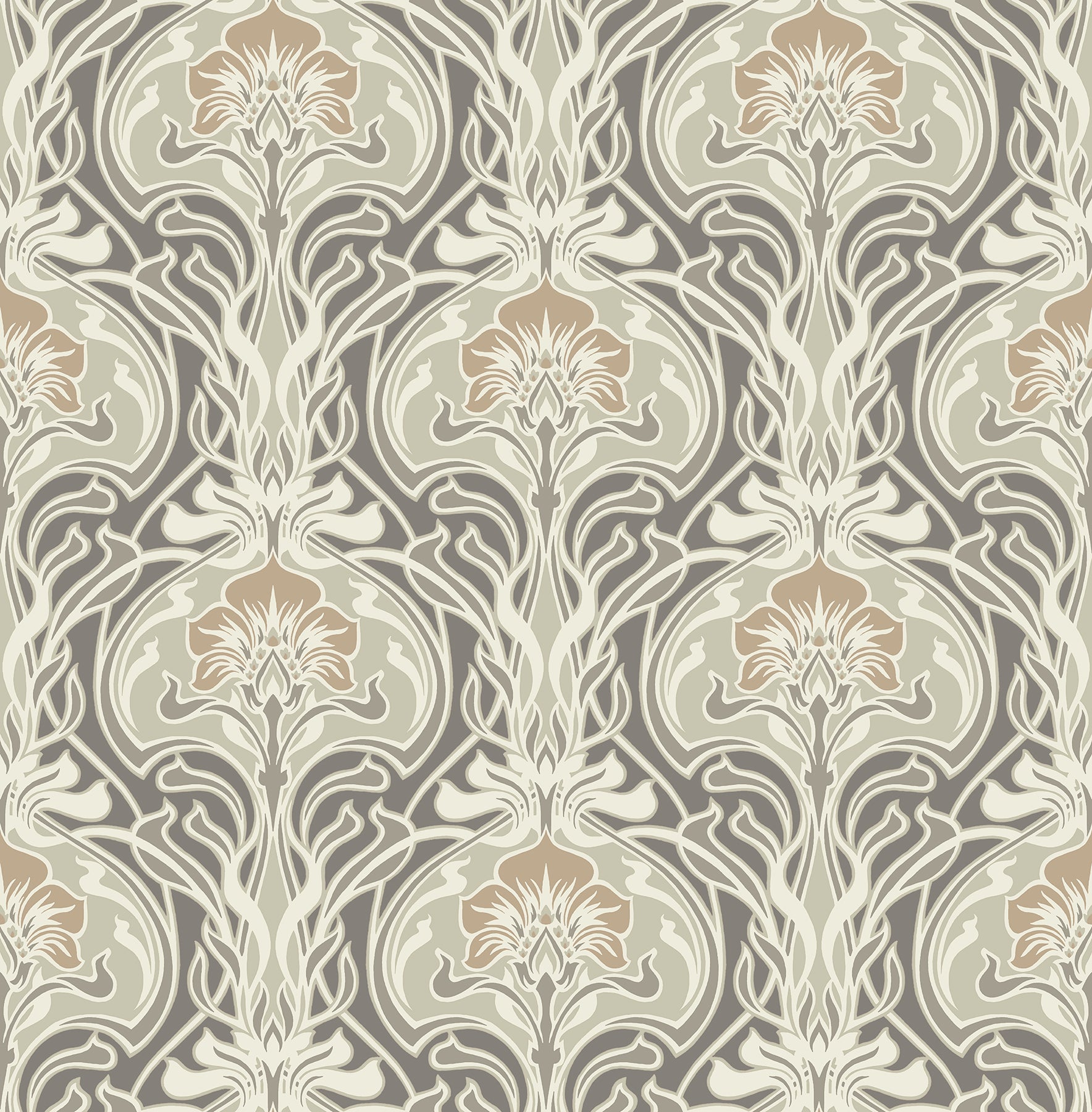 A-Street Prints Mucha Dark Grey Botanical Ogee Wallpaper, 20.5-in by 33-ft