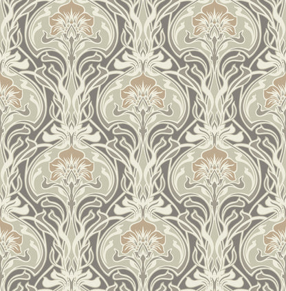 A-Street Prints Mucha Dark Grey Botanical Ogee Wallpaper, 20.5-in by 33-ft