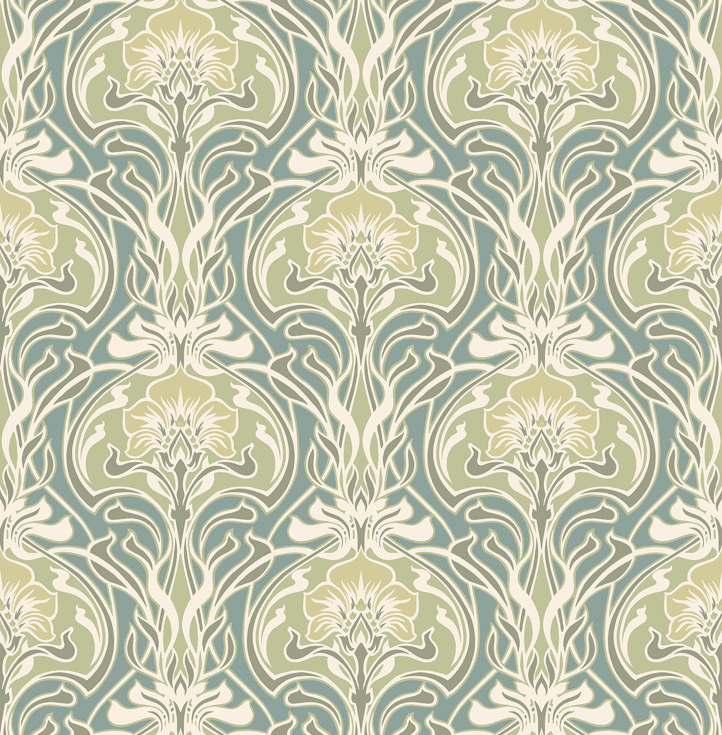 A-Street Prints Mucha Teal Botanical Ogee Wallpaper, 20.5-in by 33-ft