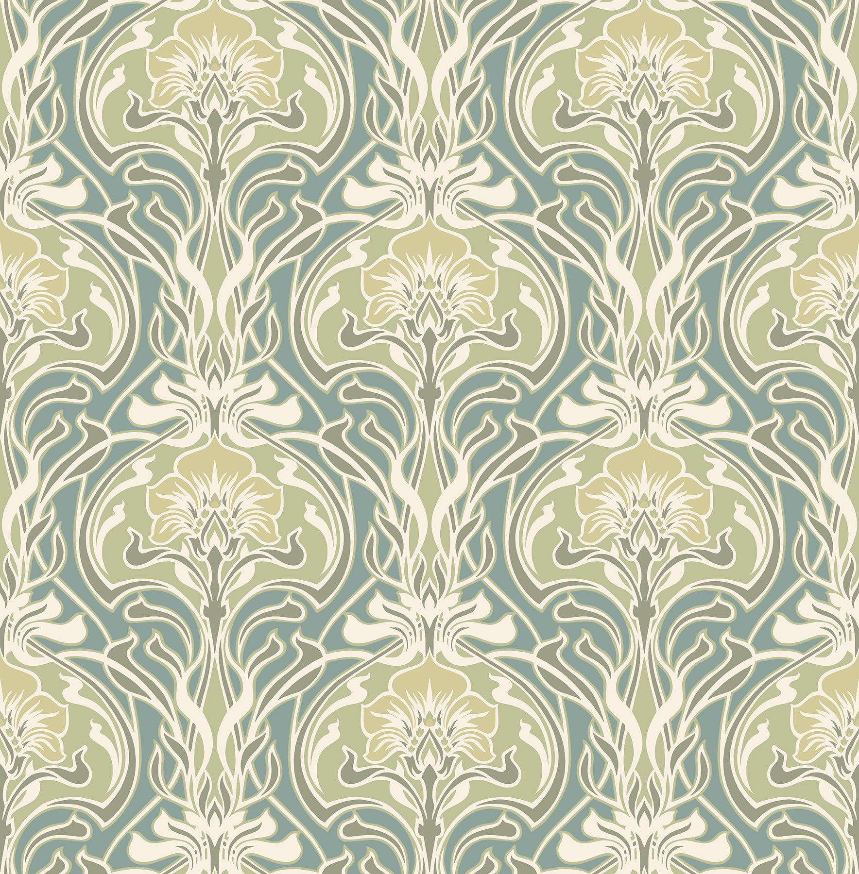 A-Street Prints Mucha Teal Botanical Ogee Wallpaper, 20.5-in by 33-ft