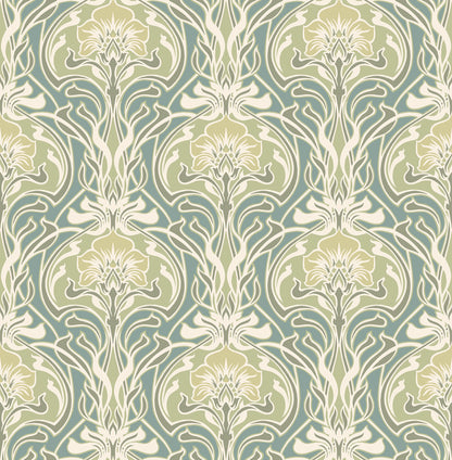 A-Street Prints Mucha Teal Botanical Ogee Wallpaper, 20.5-in by 33-ft