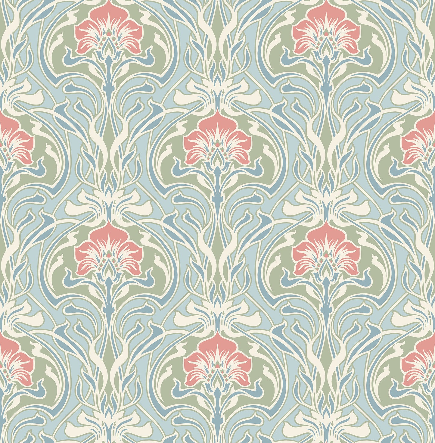 A-Street Prints Mucha Light Blue Botanical Ogee Wallpaper, 20.5-in by 33-ft