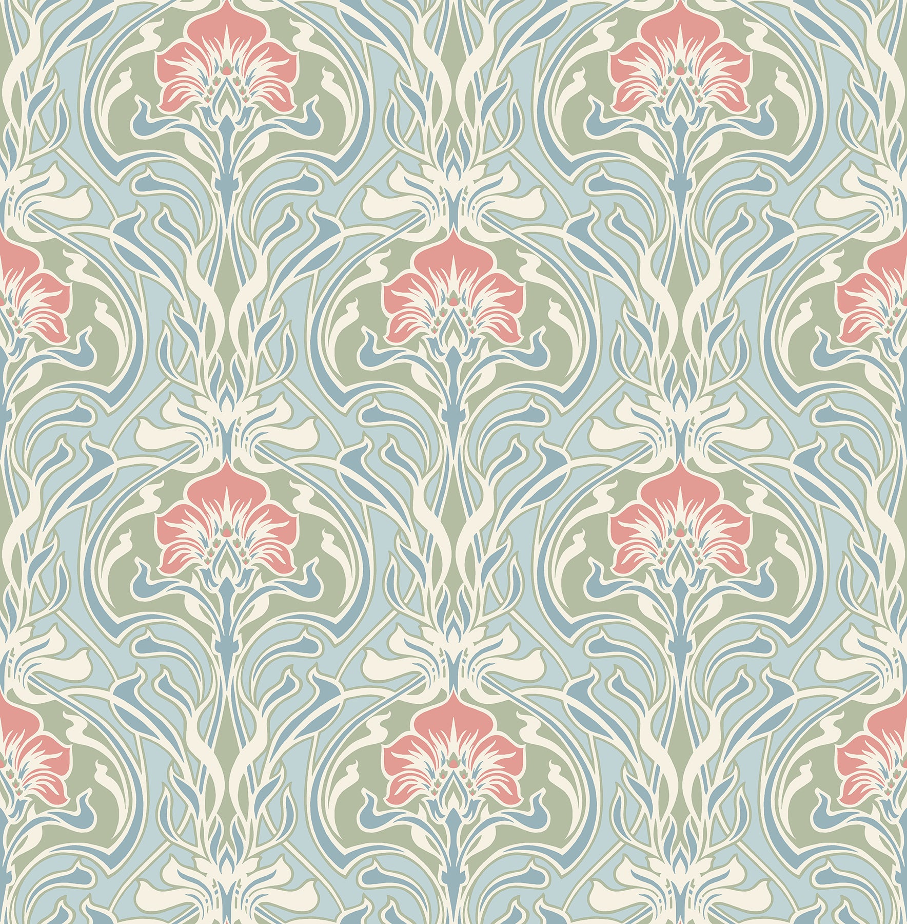 A-Street Prints Mucha Light Blue Botanical Ogee Wallpaper, 20.5-in by 33-ft