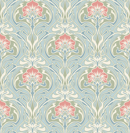 A-Street Prints Mucha Light Blue Botanical Ogee Wallpaper, 20.5-in by 33-ft